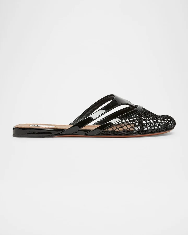 Net Leather Thong Mules