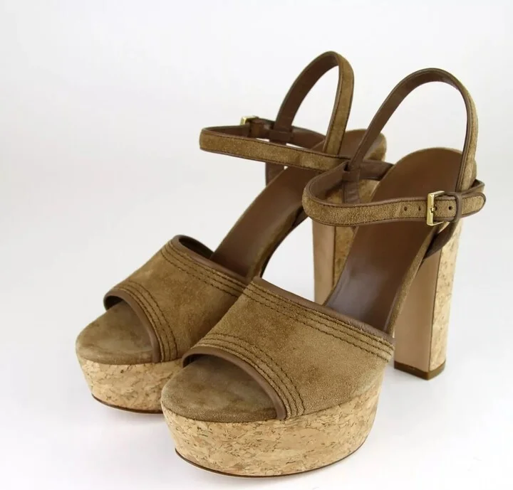 New Authentic Gucci Danielle Suede Cork Platform Sandal, 38.5/8.5