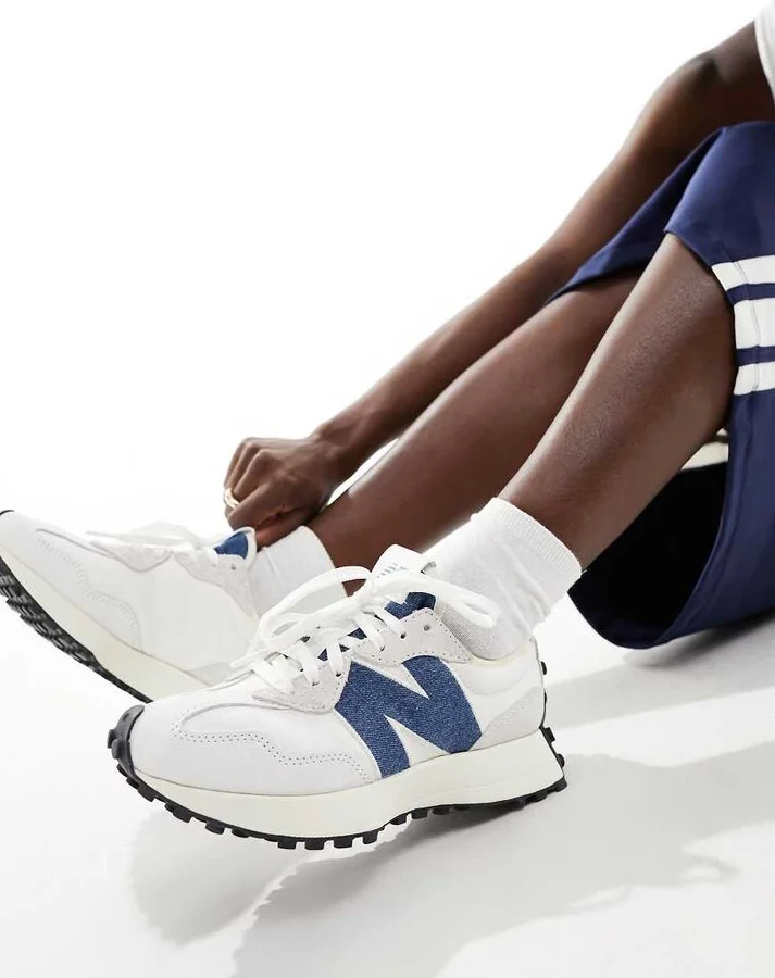 New Balance 327 sneakers in off white with denim blue detail