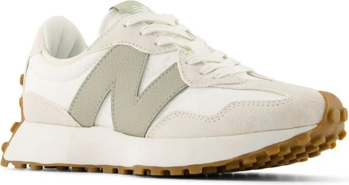 New Balance 327 sneakers in white and beige with light green detail