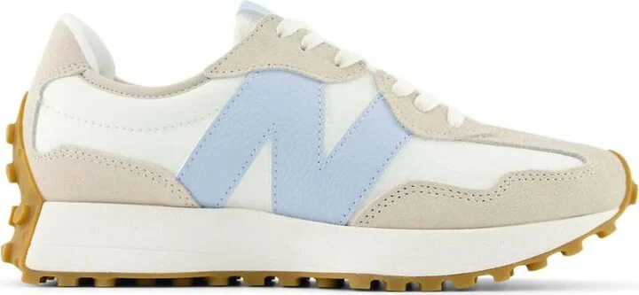 New Balance 327 sneakers in white with beige and baby blue detail