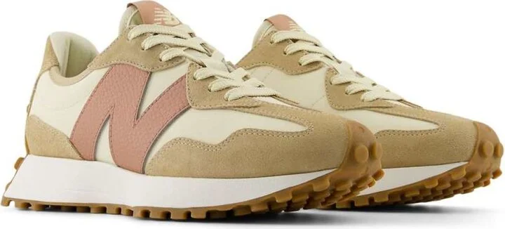 New Balance 327 sneakers in white with brown and red detail