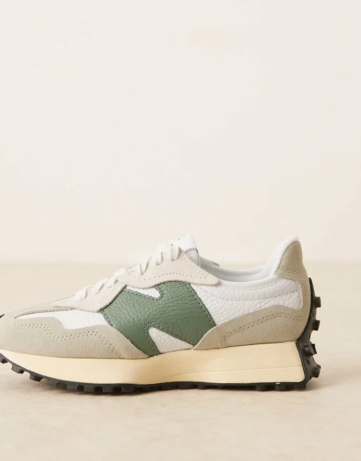 New Balance 327 sneakers in white with light and dark green details - Image 2