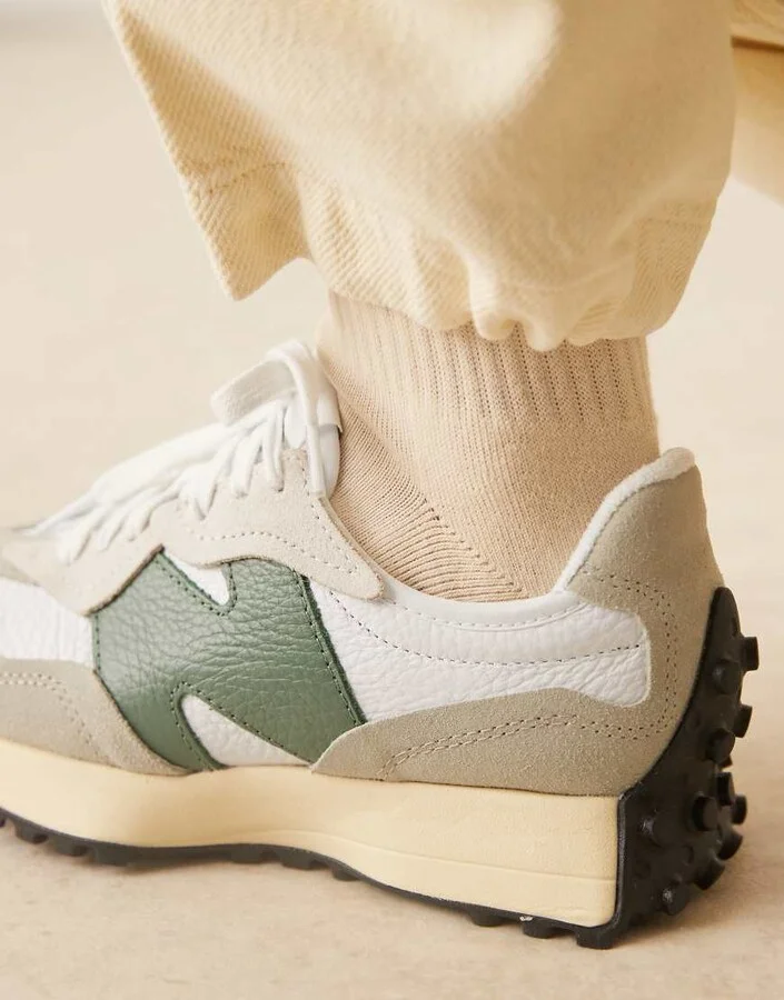 New Balance 327 sneakers in white with light and dark green details - Image 4