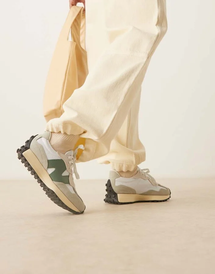 New Balance 327 sneakers in white with light and dark green details