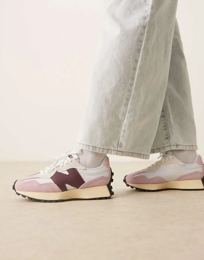 New Balance 327 sneakers in white with pink and burgundy details