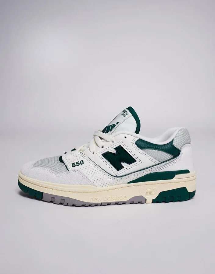 New Balance 550 sneakers in white with green and gray details - Image 2