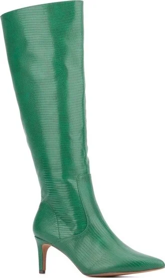 New York & Company Women's Piper- Croc Embossed Kitten Heel Knee-High Boots - 8, GREEN LIZARD