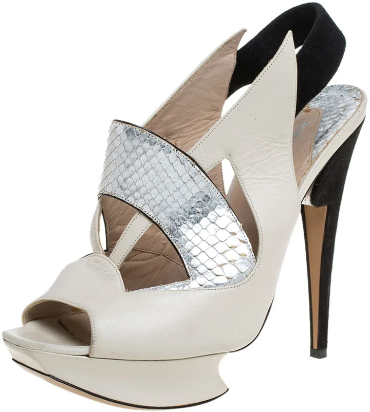 Nicholas Kirkwood Beige/Black Leather And Python Leather Slingback Platform Sandals Size 39.5