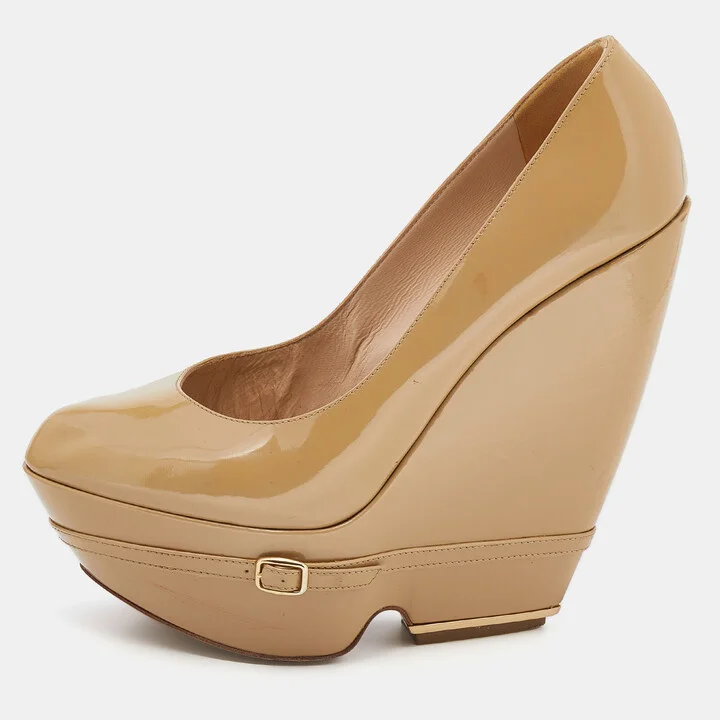 Nicholas Kirkwood Beige Patent Leather Wedge Platform Pumps Size 38.5