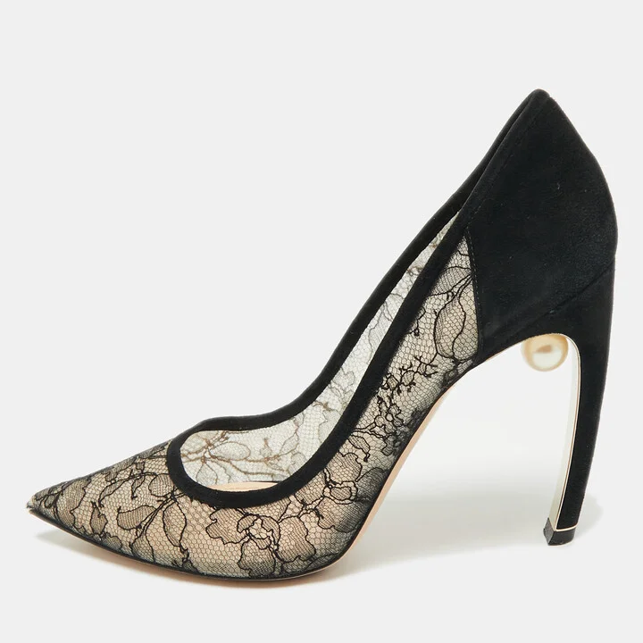 Nicholas Kirkwood Black/Beige Suede and Lace Pearl Embellished Pointed Toe Pumps Size 40