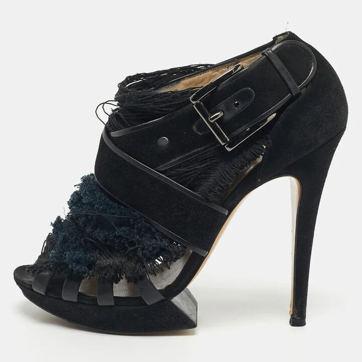 Nicholas Kirkwood Black/Blue Suede And Fabric Criss Cross Platform Booties Size 40