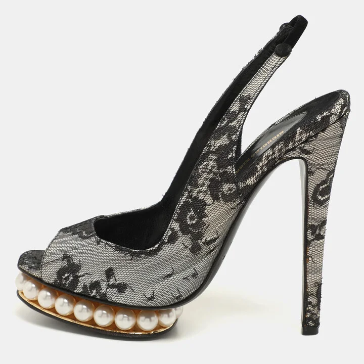Nicholas Kirkwood Black Lace and Lurex Fabric Slingback Sandals Size 37
