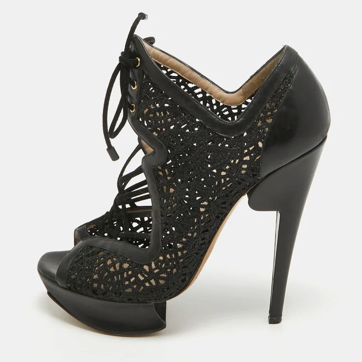 Nicholas Kirkwood Black Mesh and Leather Cutout Lace Up Booties Size 36