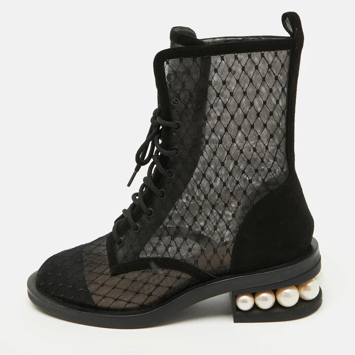 Nicholas Kirkwood Black Mesh and Suede Casati Pearl Ankle Length Boots Size 38