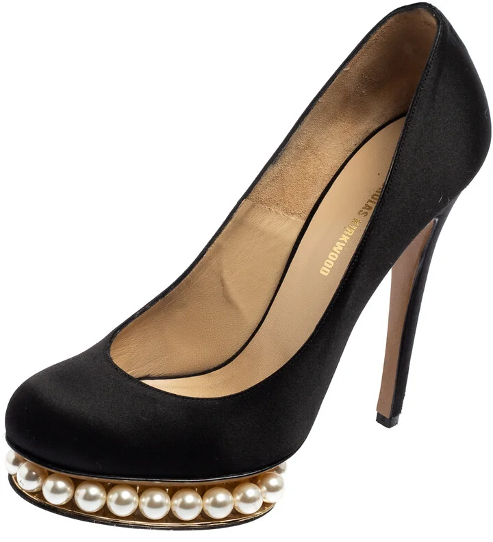 Nicholas Kirkwood Black Satin Casati Faux Pearl Platform Pumps Size 38