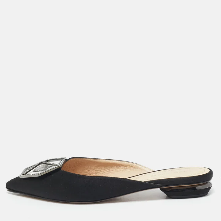 Nicholas Kirkwood Black Satin Eden Crystals Embellished Flat Mules Size 38