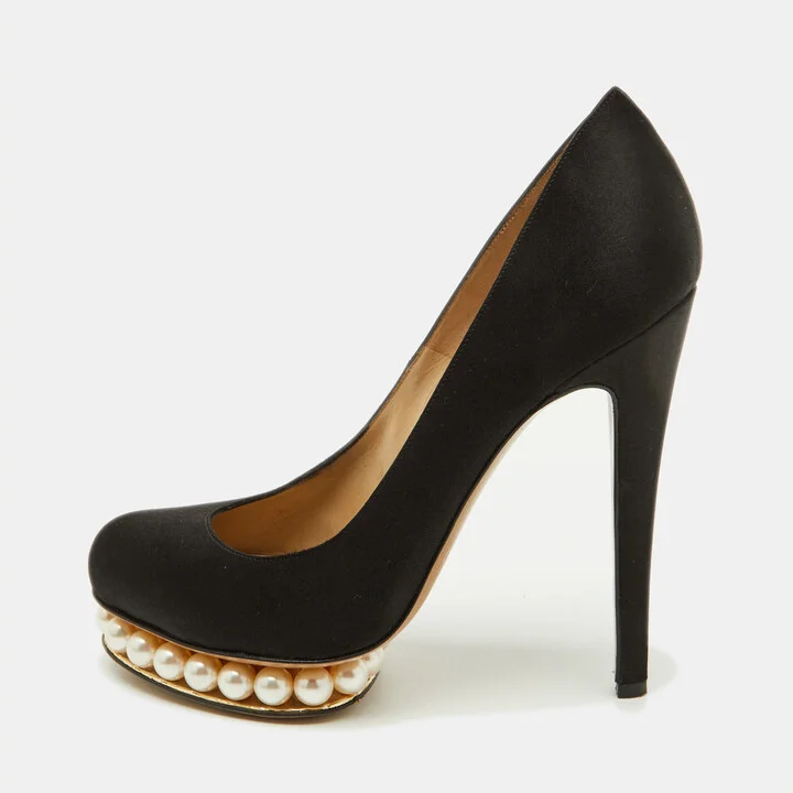 Nicholas Kirkwood Black Satin Faux Pearl Casati Platform Pumps Size 37
