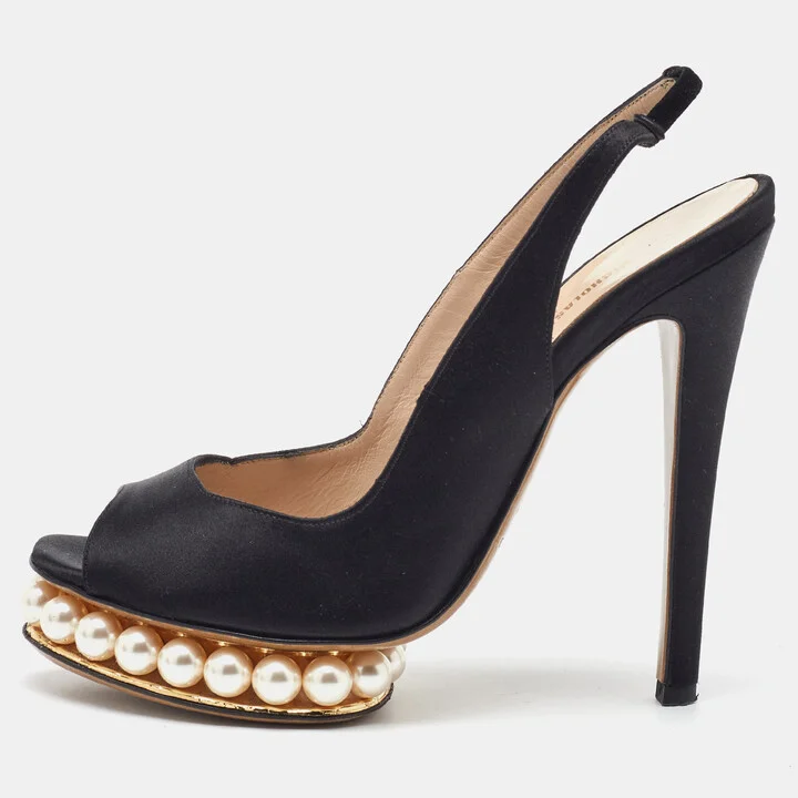 Nicholas Kirkwood Black Satin Pearl Platform Slingback Sandals Size 36