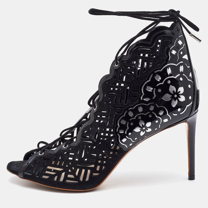 Nicholas Kirkwood Black/Silver Laser Suede and Patent Leather Lace Up Booties Size 40.5