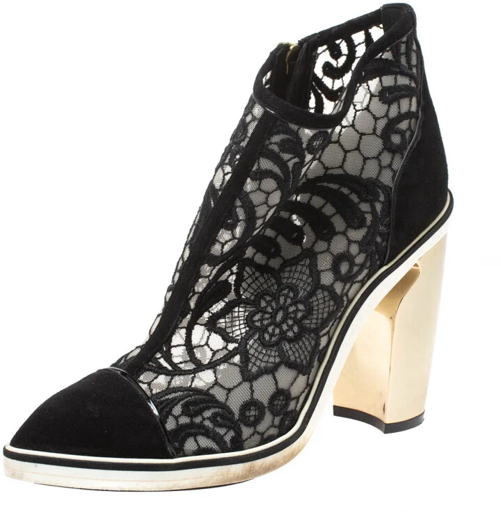 Nicholas Kirkwood Black Suede and Embroidered Mesh Block Heel Ankle Boots Size 36.5
