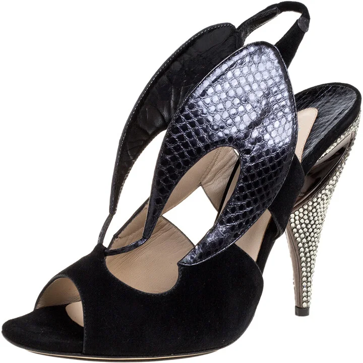 Nicholas Kirkwood Black Suede And Python Embossed Leather Cutout Slingback Sandals Size 39.5