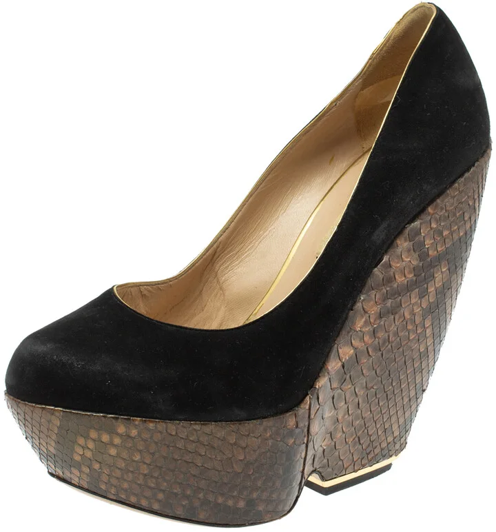 Nicholas Kirkwood Black Suede And Python Leather Wedge Platform Pumps Size 39.5