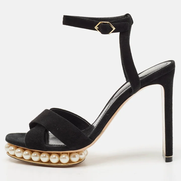 Nicholas Kirkwood Black Suede Pearl Embellished Platform Ankle Strap Sandals Size 38