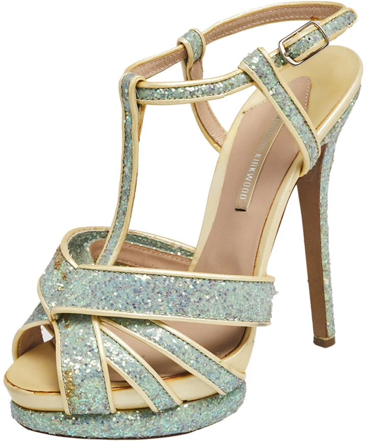 Nicholas Kirkwood Blue/Cream Patent Leather and Glitter T Strap Platform Sandals Size 37.5