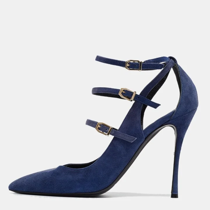 Nicholas Kirkwood Blue Suede Ruffle Buckle Pointed Toe Pumps Size 39
