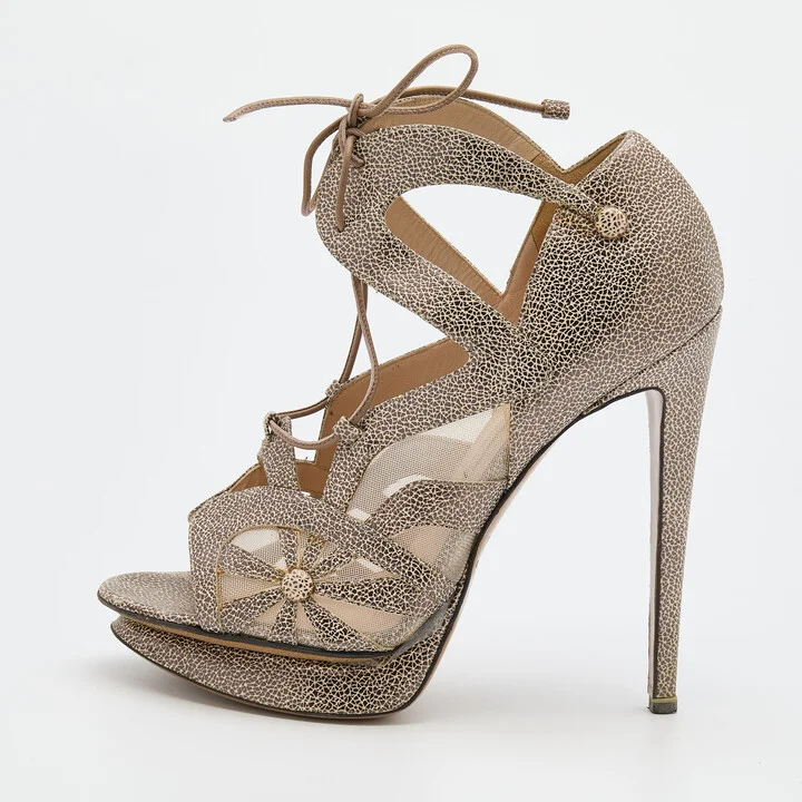 Nicholas Kirkwood Brown/Beige Leather and Mesh Lace Up Platform Sandals Size 37