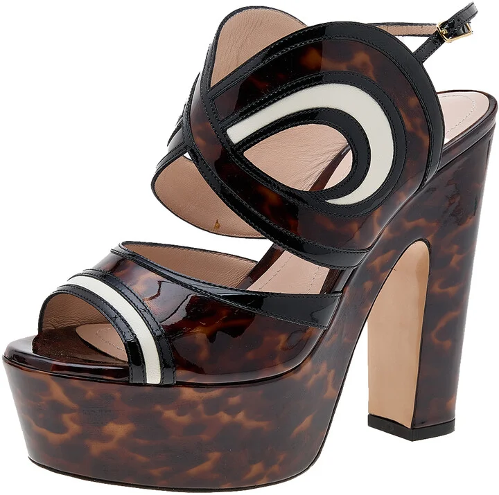 Nicholas Kirkwood Brown Marble Print Patent Leather Platform Block Heel Sandals Size 36.5