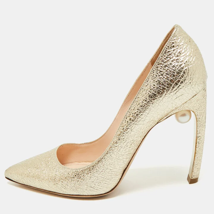 Nicholas Kirkwood Gold Texture Leather Pearl Embellished Pointed Toe Pumps Size 38.5