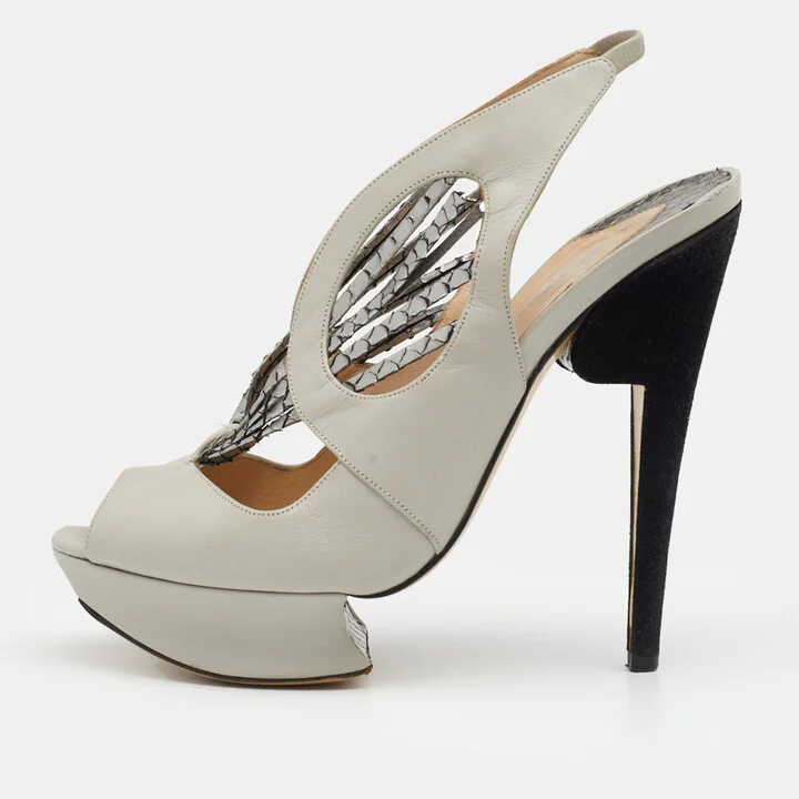Nicholas Kirkwood Grey/Silver Python and Leather Platform Slingback Sandals Size 37.5