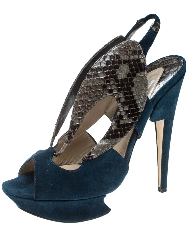 Nicholas Kirkwood Multicolor Suede and Python Platform Slingback Sandals Size 37