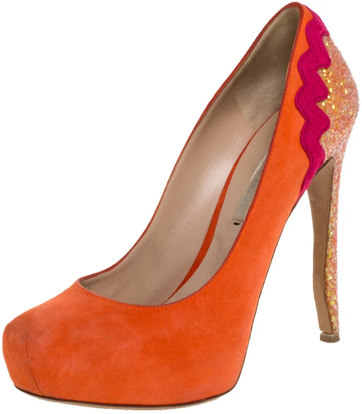 Nicholas Kirkwood Orange Suede And Coarse Glitter Heel Platform Pumps Size 38