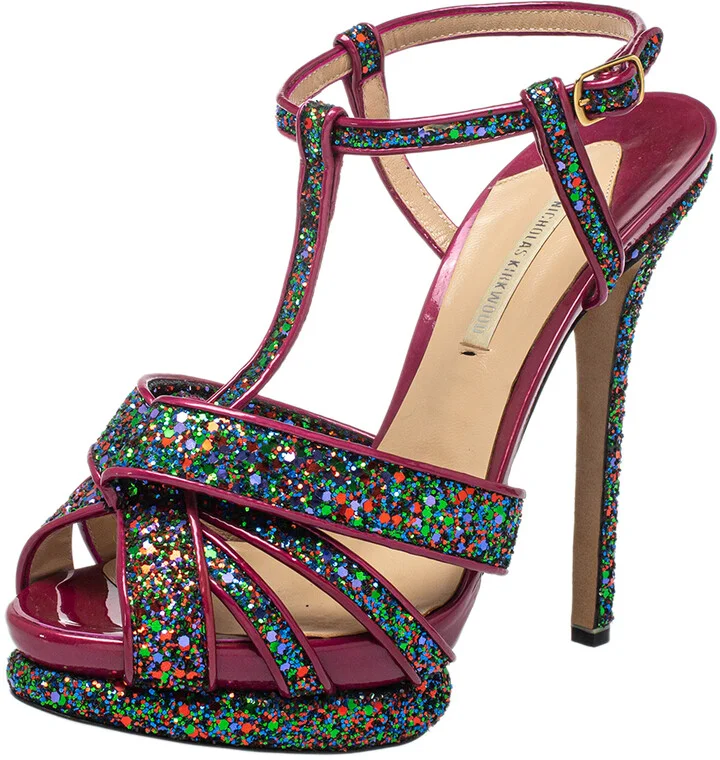 Nicholas Kirkwood Pink Patent Leather and Glitter T Strap Platform Sandals Size 39