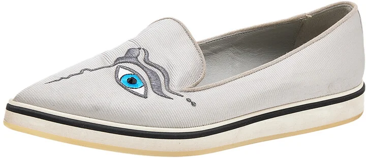 Nicholas Kirkwood Silver Fabric Eye Motif Iris Slip On Loafers Size 37.5