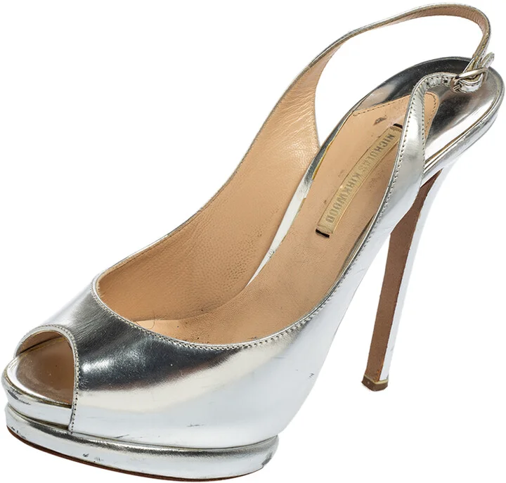 Nicholas Kirkwood Silver Glossy Leather Peep Toe Slingback Sandals Size 38