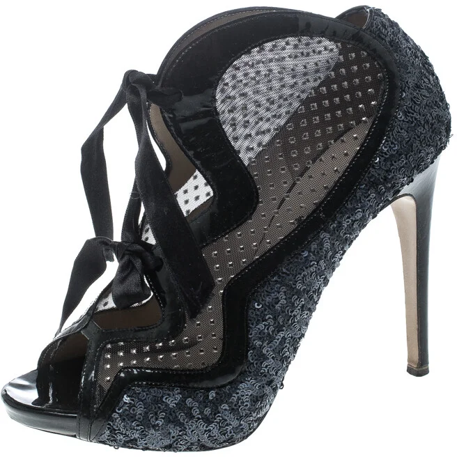 Nicholas Kirkwood Two Tone Sequined and Mesh Peep Toe Booties Size 38.5