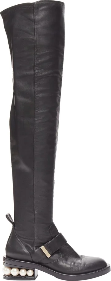 Nicolas Kirkwood pearl embellished heel knitee high boots