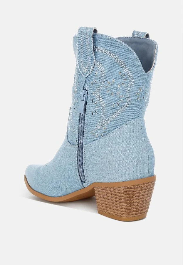 Nigara Cut Out Detail Denim Cowboy Boots - Image 3