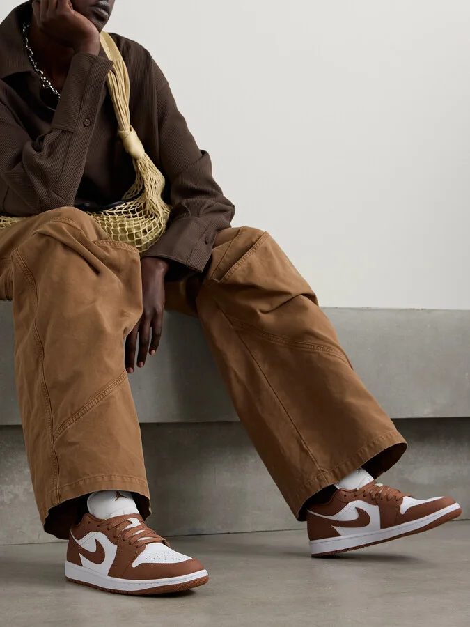 Nike - Air Jordan 1 Low Embroidered Leather Sneakers - Brown - Image 2