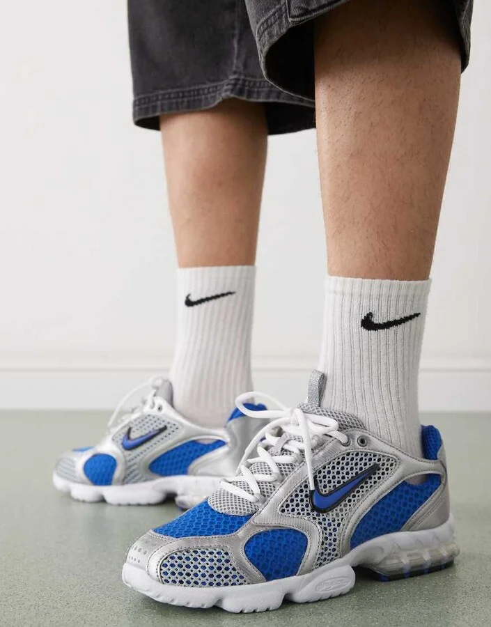 Nike Air Zoom Spiridon Cage 2 sneakers in silver and blue - Image 3