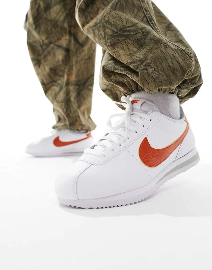 Nike Cortez leather sneakers in white and orange - Image 4