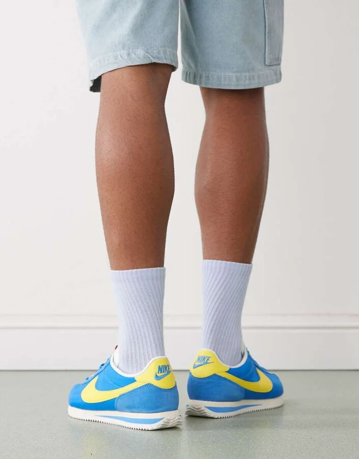 Nike Cortez Textile sneakers in blue and yellow - Image 3