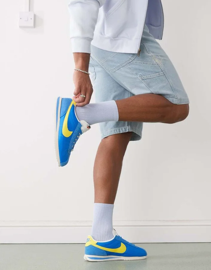 Nike Cortez Textile sneakers in blue and yellow - Image 4