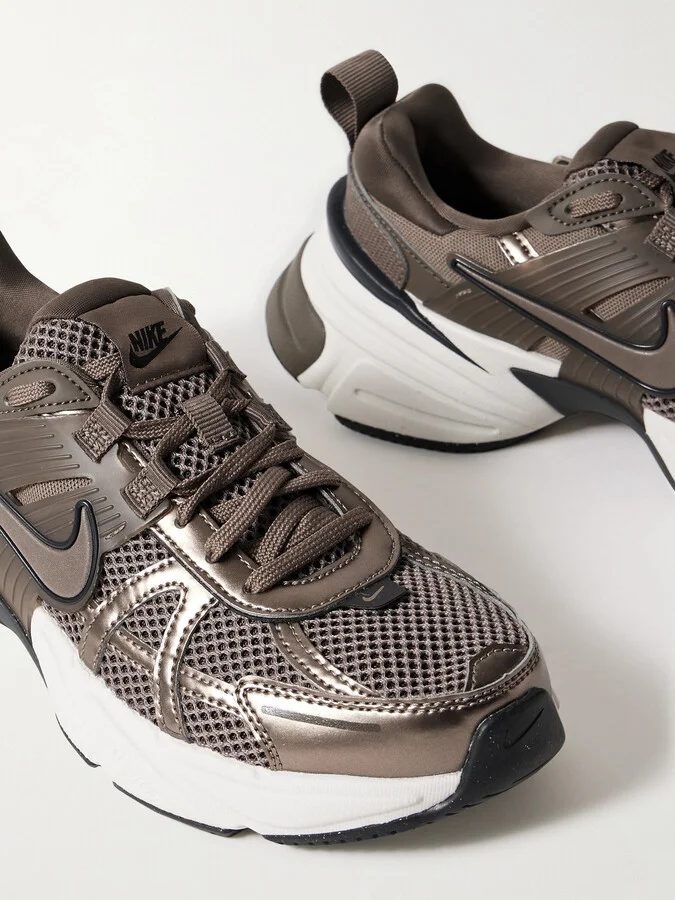 Nike - V2k Metallic Leather, Rubber And Mesh Sneakers - Brown - Image 4