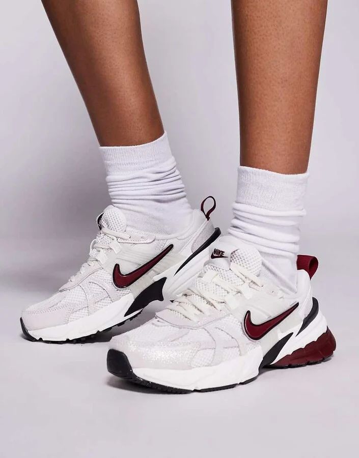 Nike V2K Run glitter sneakers in white and red