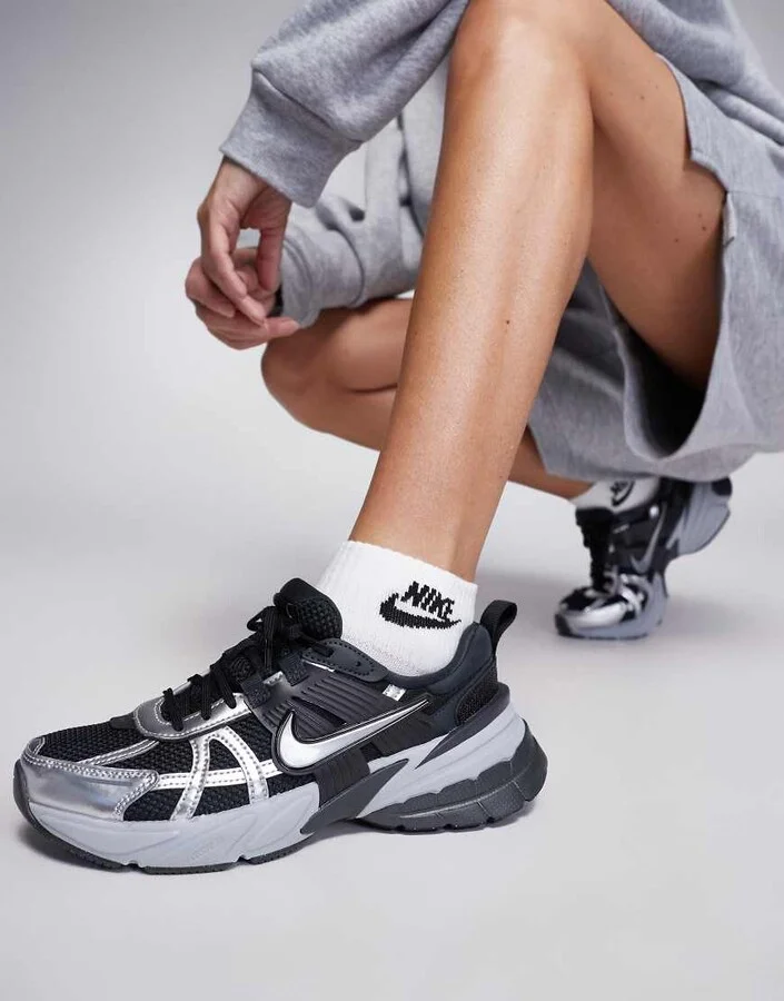 Nike V2K Run sneakers in black and gray